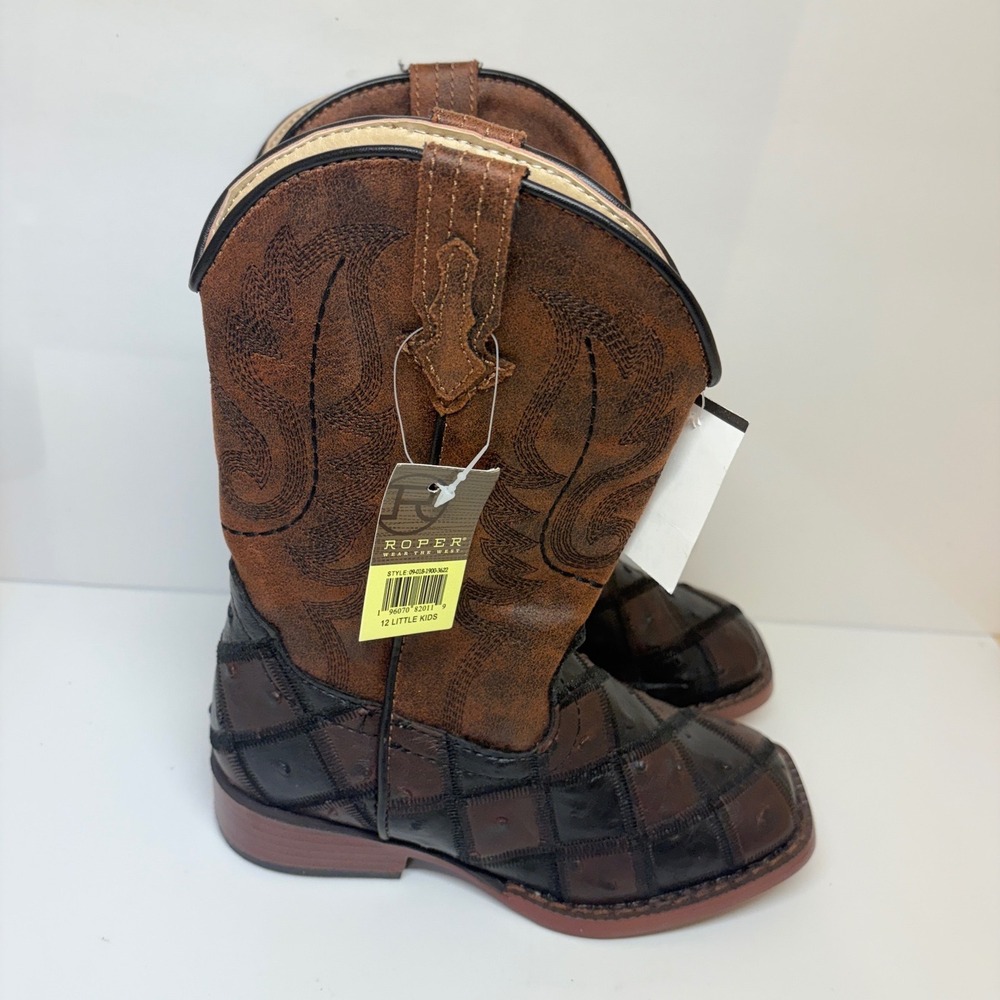 Roper Bird Blocks Little Kids Boys 12 Burgundy Black Faux Ostrich Cowboy Boots